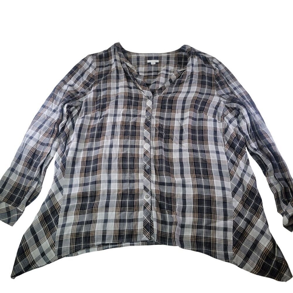 J.Jill Women Black & Beige Plaid Button-Front Long-Sleeve Blouse Size M
